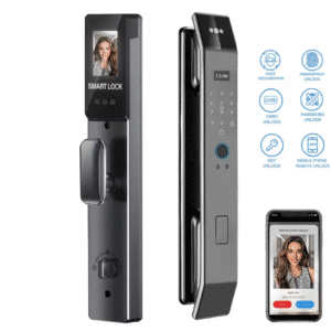Slim WiFi deurslot met vingerafdrukscanner en app bediening op een moderne voordeur