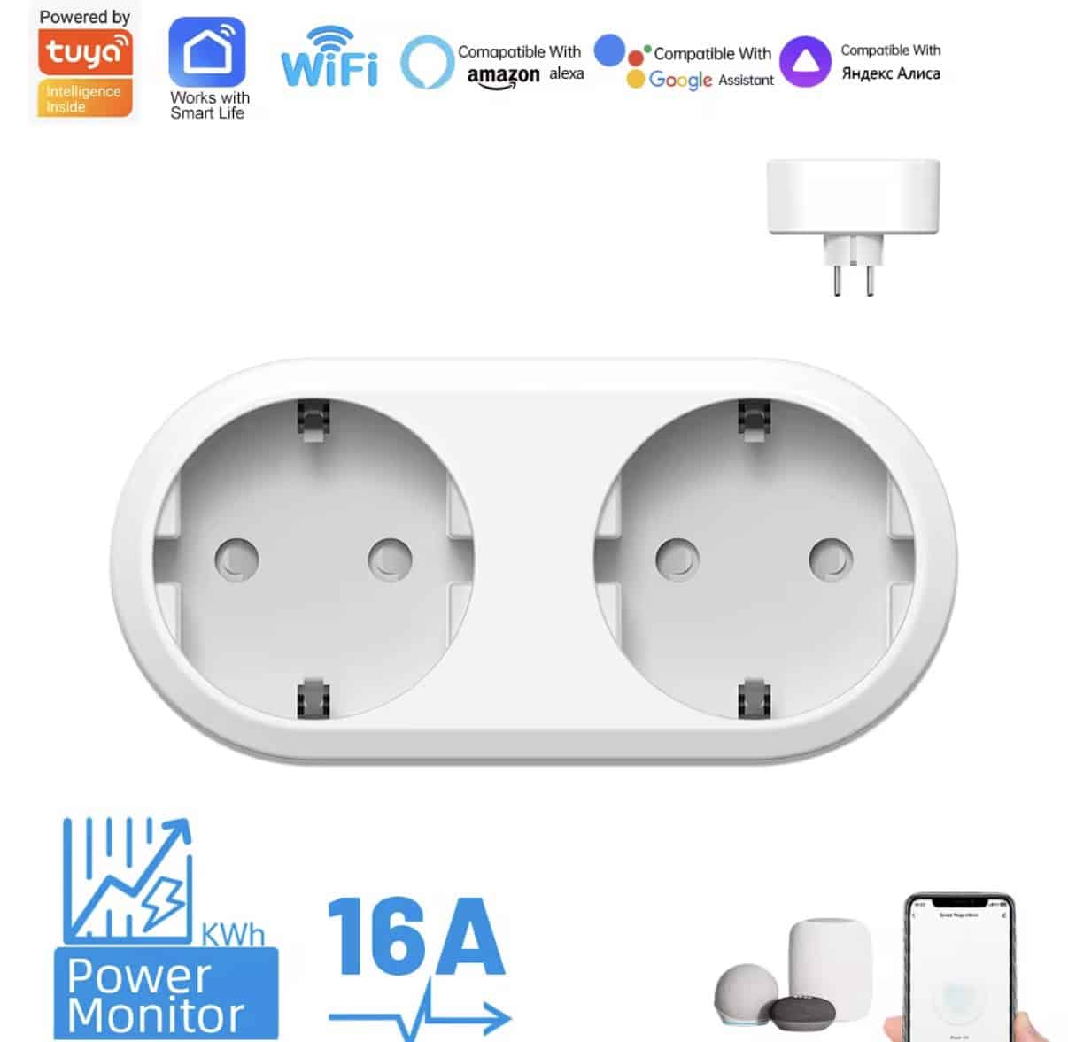 Navid Slimme Dubbele Wandcontactdoos 16A WiFi met Energiemeter – Smart Stopcontact EU – Werkt met Google Home & Alexa - Afbeelding 2